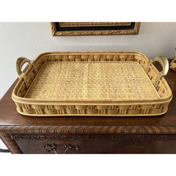 Vintage Ralph Lauren Rattan Reed Tray Brass Handles - Picture 1 of 15